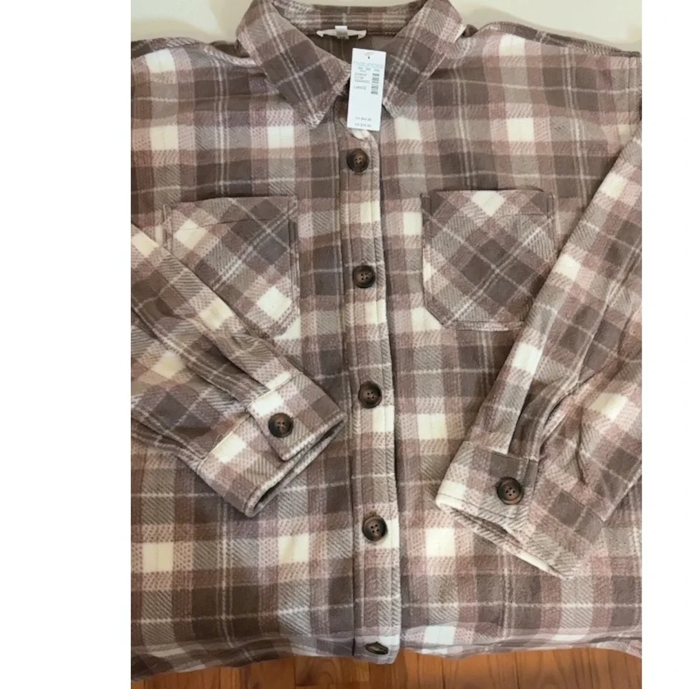 Maurices Plaid Flannel Shirt Jacket Womens Brown White Long Sleeve Button Up Lg‎